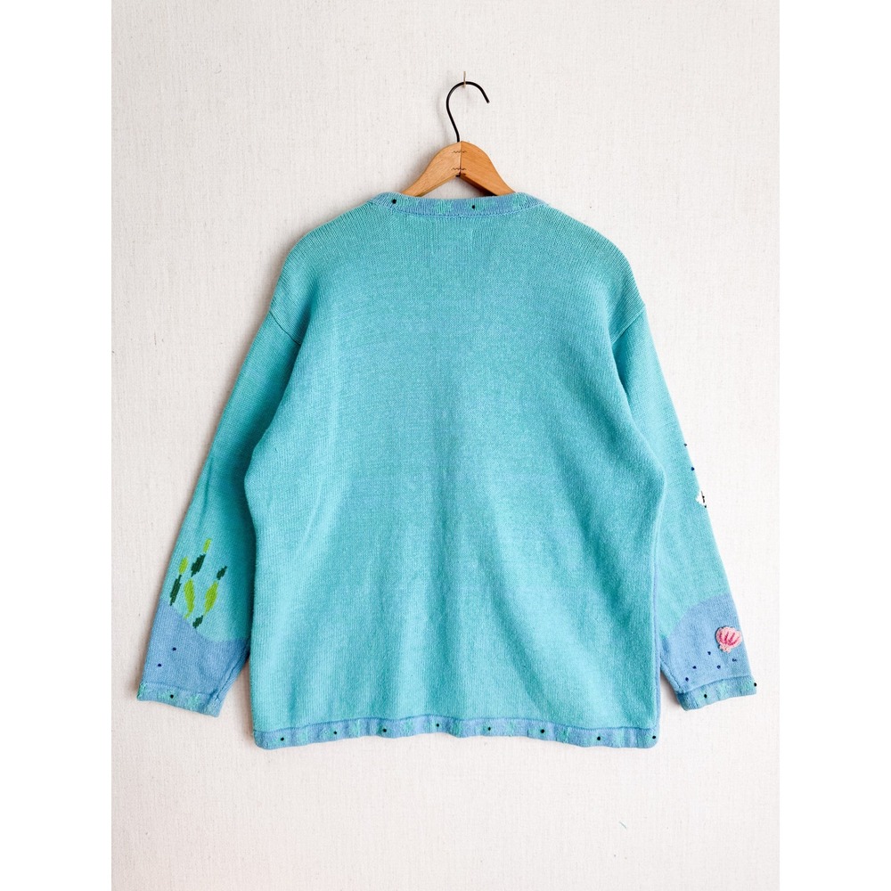Storybook Knits Mermaid Cardigan Teal Blue Beaded Embroidered Novelty Sweater 1X - Picture 6 of 6